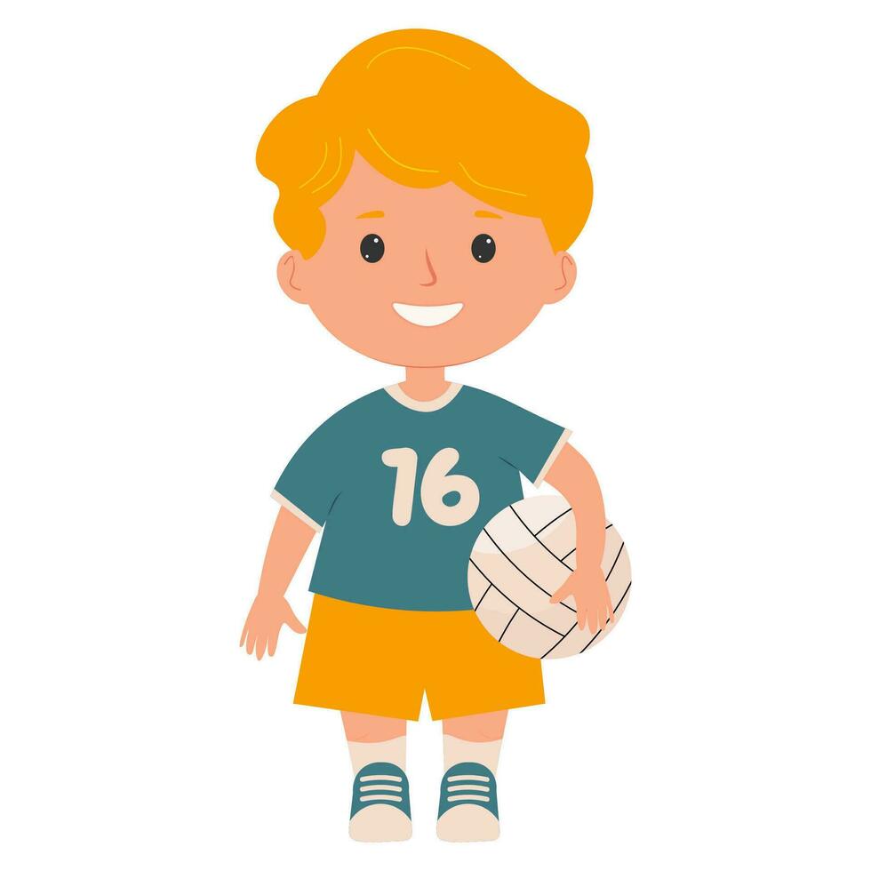 cute kid boy playing volleyball on a white background. Vector Illustration. Summer games