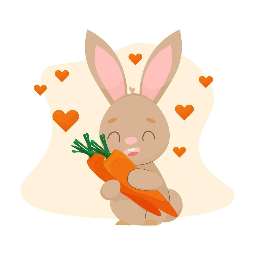 A cute rabbit with a carrot. a cartoon rabbit. vector illustration. take care of animals. Rabbit adores carrots.