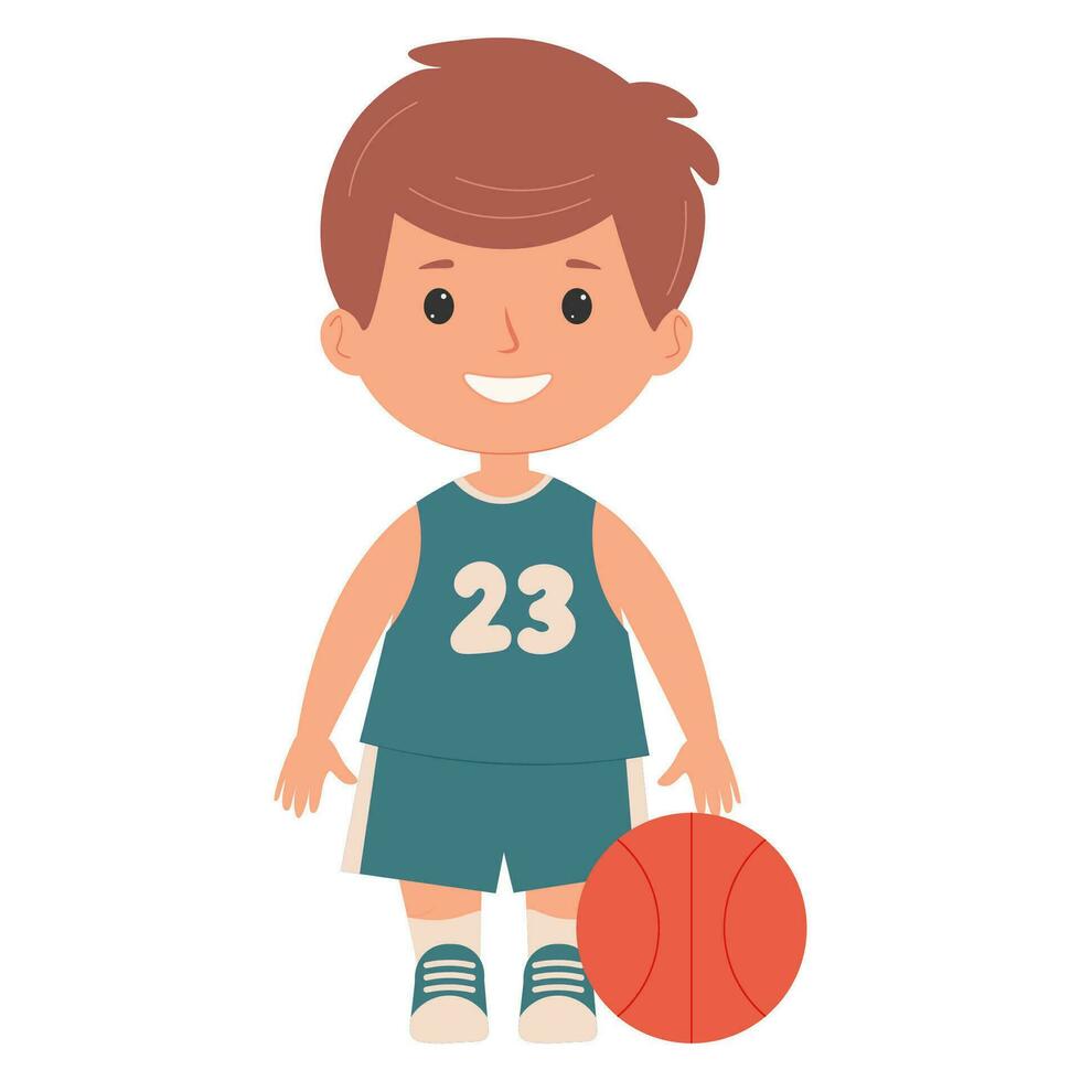 cute kid boy playing basketball on white background. Vector Illustration. Summer games