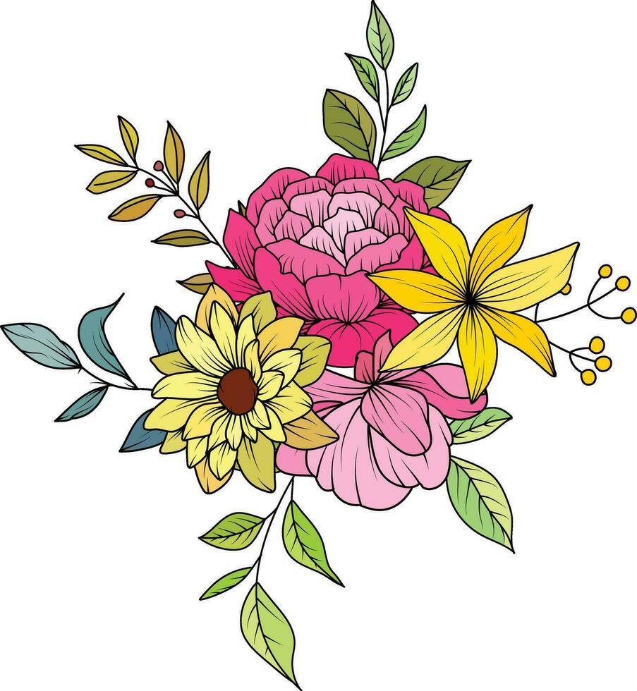 Bouquet of colorful flowers set for invitation, greeting card, poster, frame, wedding, decoration vector