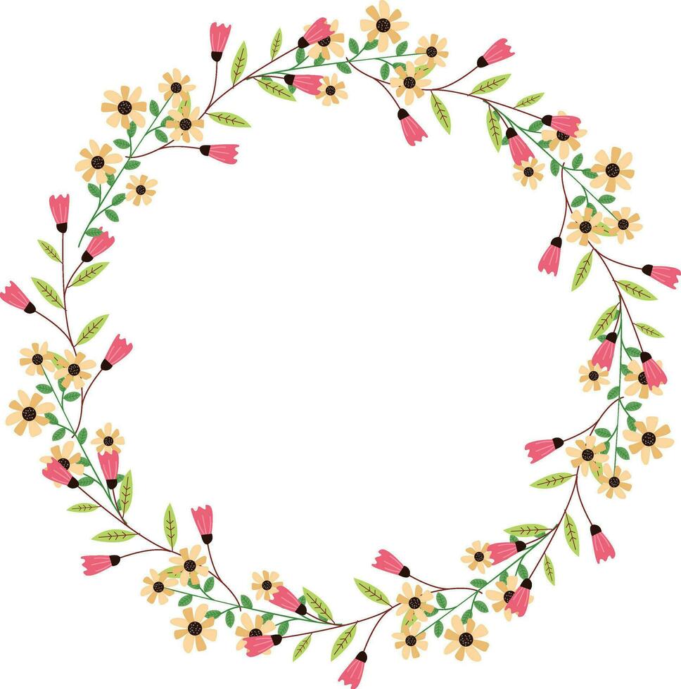Beautiful round frame with wild flowers. Flat style. for decoration of invitations, greeting cards, print design vector