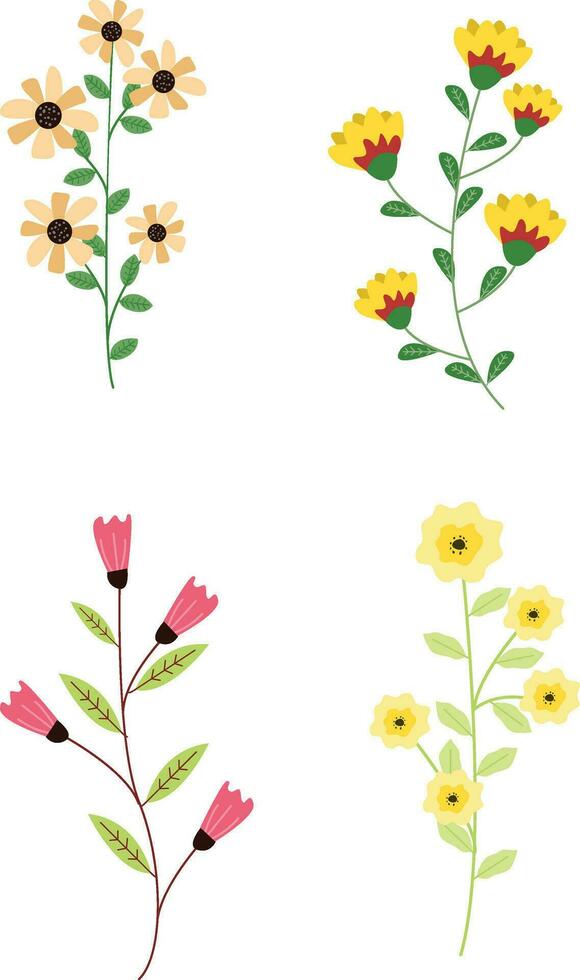 Collection of wild flowers in a natural and realistic style. Botanical, decorative wildflowers. Flat vector hand drawn illustration isolated on white background
