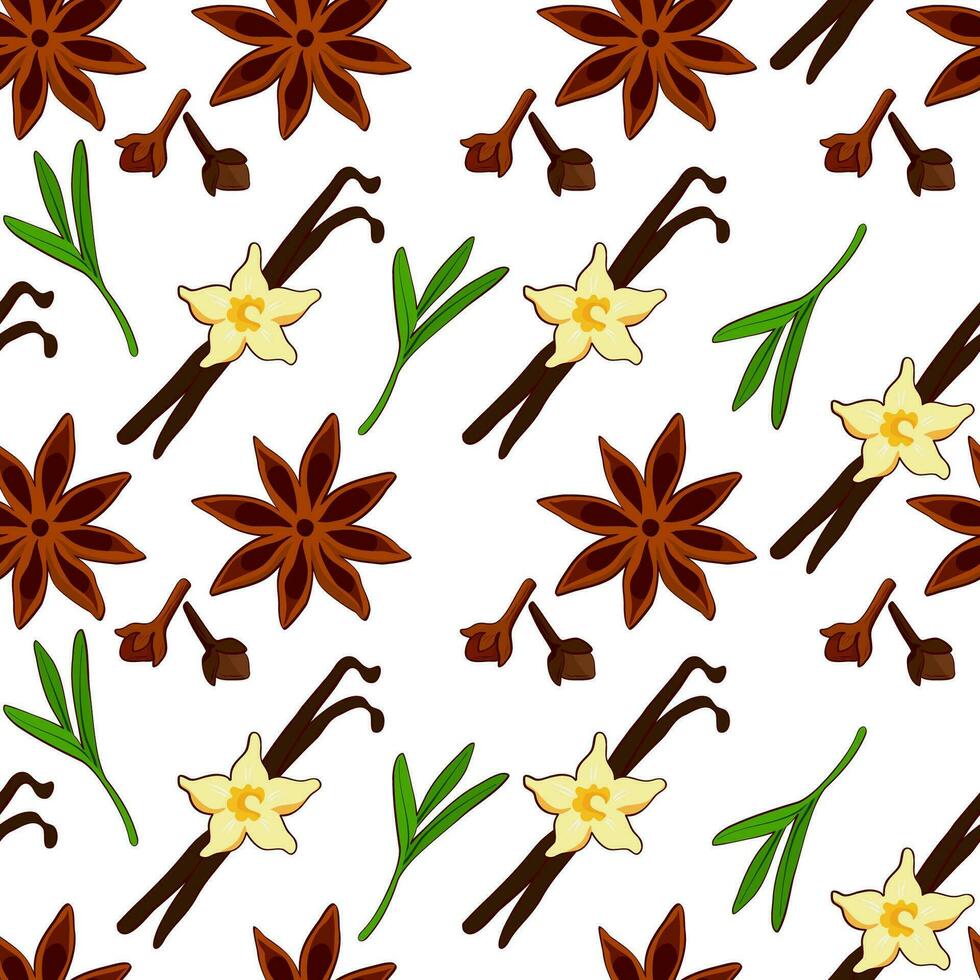 Seamless pattern with vanilla and star anise, rosemary. Hand drawn vector illustration. Perfect for use to create culinary projects, branding, logo, menus, packaging, patterns, prints, textile design.