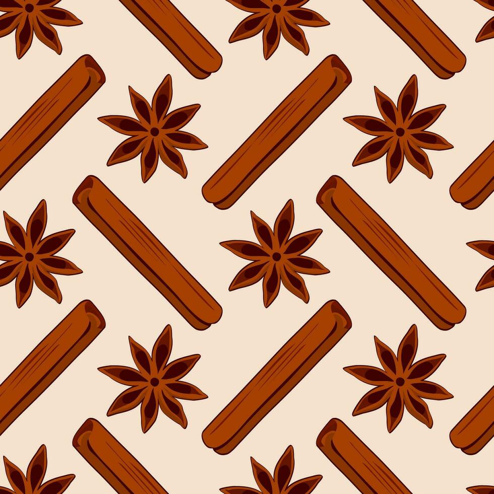 Cinnamon and star anise seamless pattern. Hand drawn vector illustration.