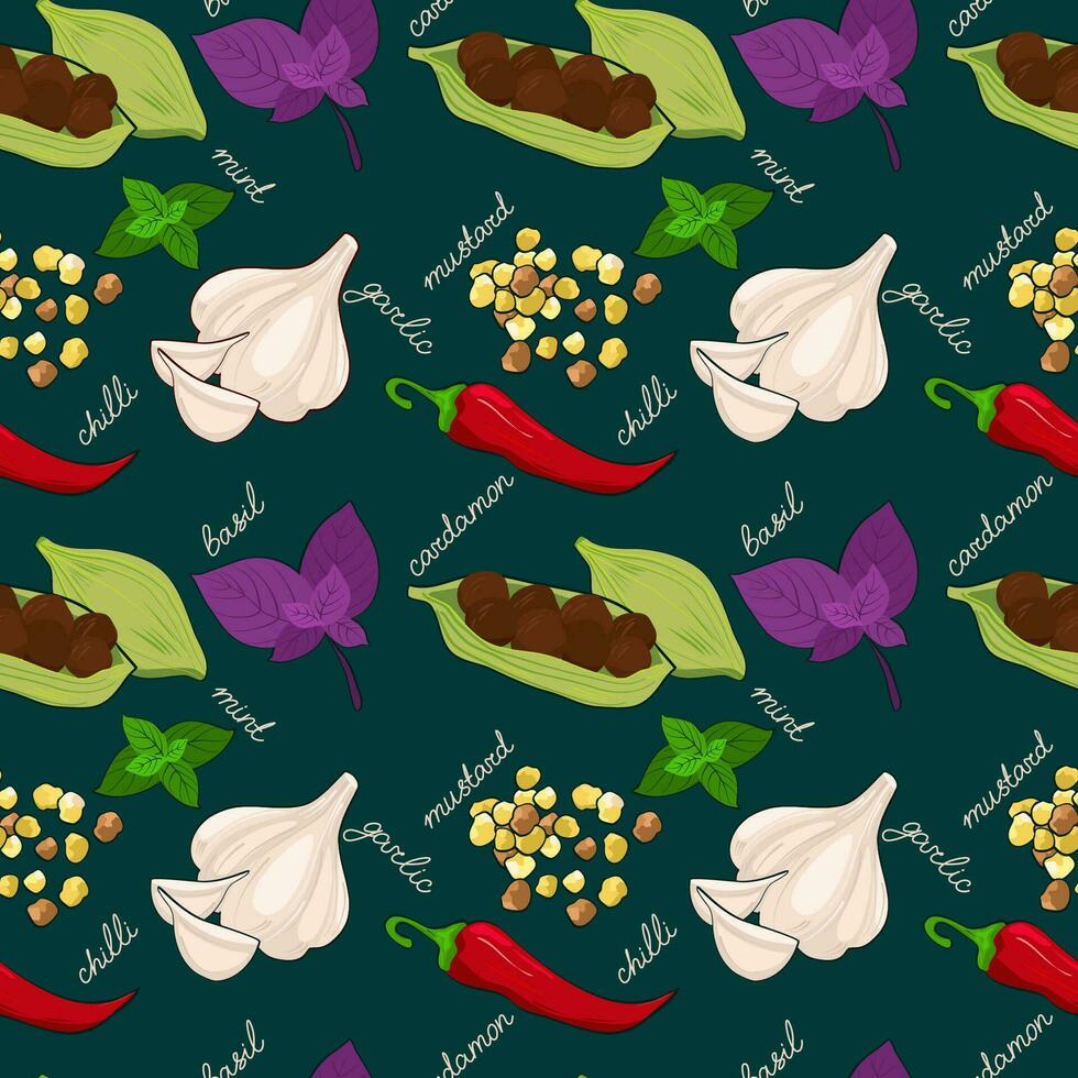 Spices and herbs seamless pattern. Hand drawn vector illustration.