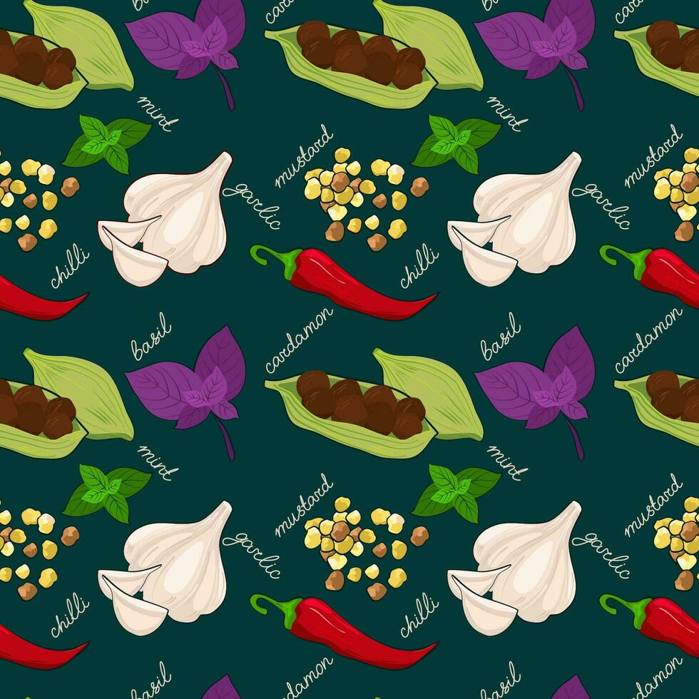 Spices and herbs seamless pattern. Hand drawn vector illustration.