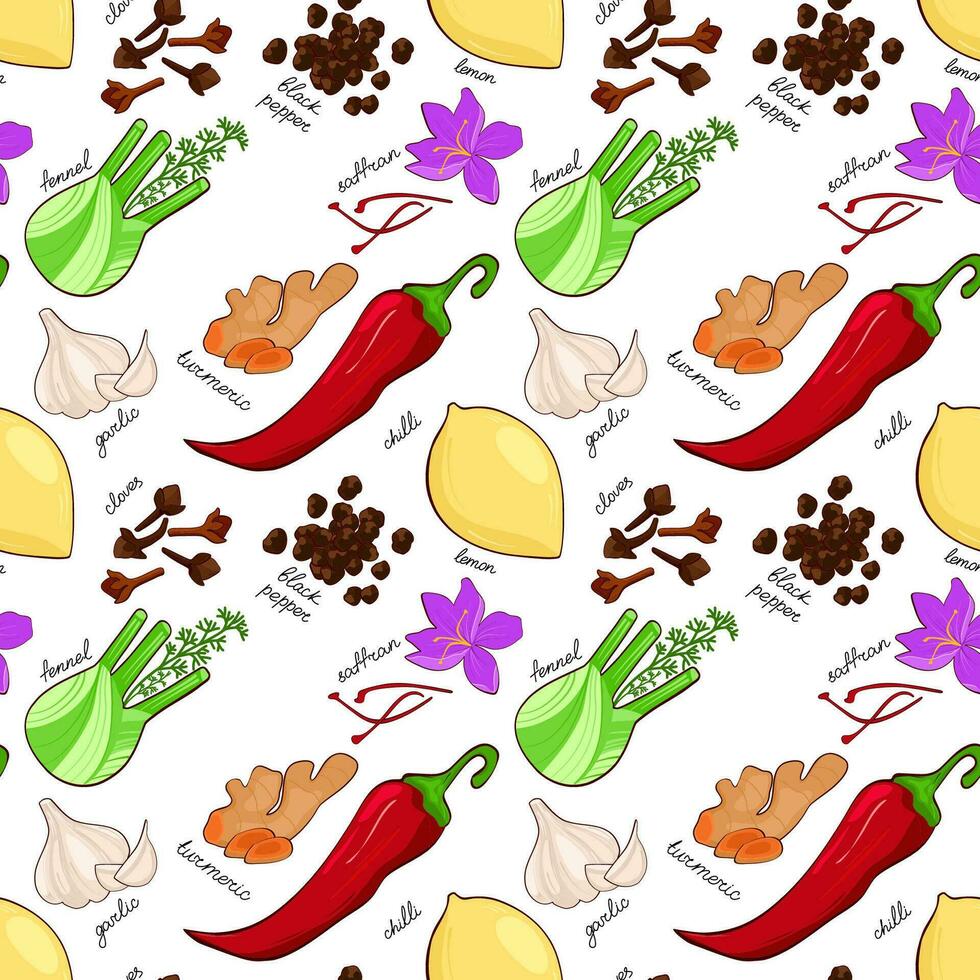 Spices and herbs seamless pattern. Hand drawn vector illustration. Turmeric, cloves, pepper. Perfect for use to create culinary projects, branding, menus, packaging, patterns, prints, textile design.