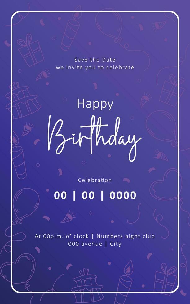 birthday card template with gradient purple background and silhouette ornament drawings vector