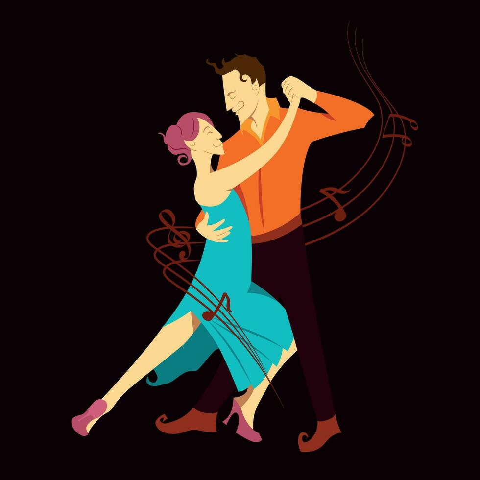 couple dancing salsa, surrounded by musical notes, vector illustration