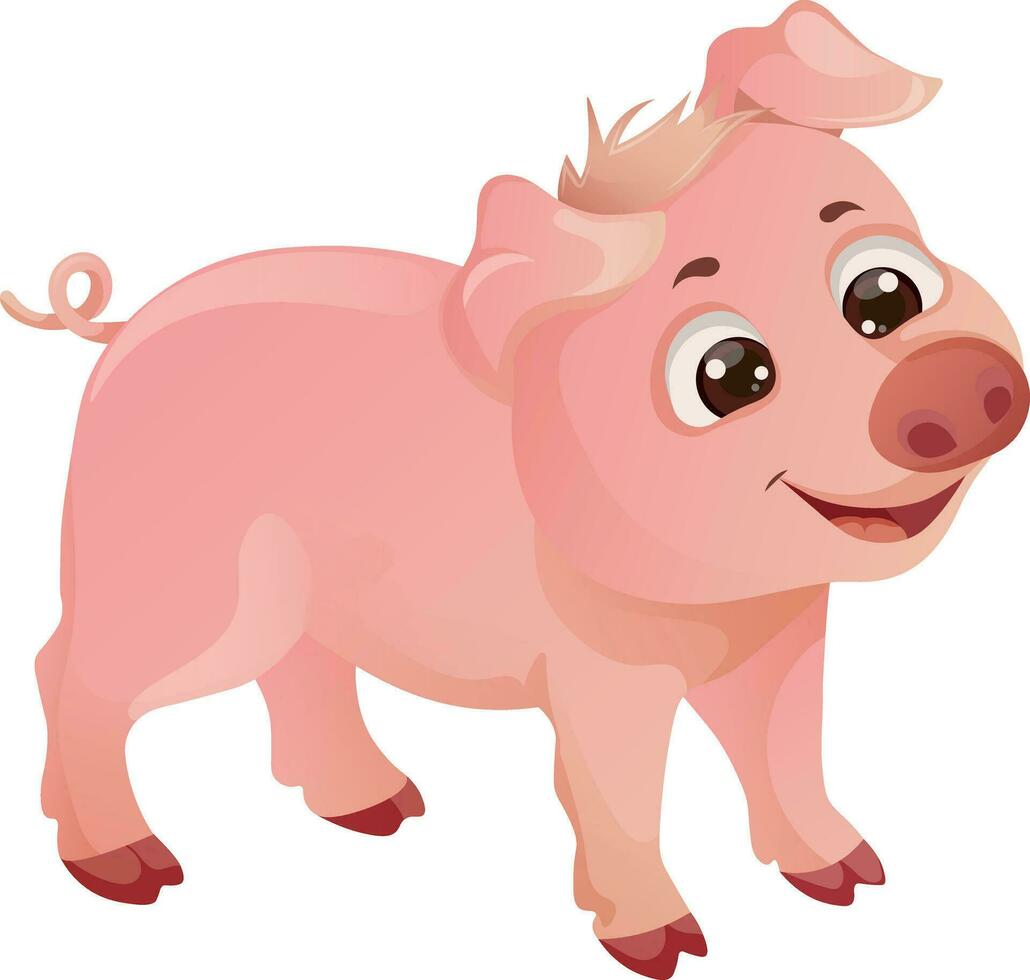 Cute colorful cartoon smiling pig for children that stands sideways on a white background vector
