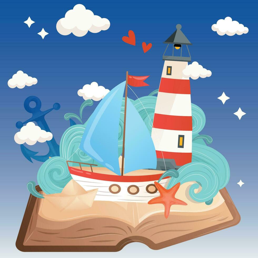 Adorable love sea open book with boat, lighthouse and anchor, illustration for sailor vector