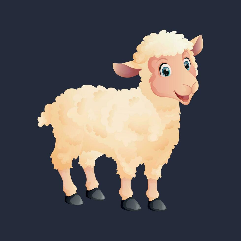 Cute colorful cartoon smiling sheep for children that stands sideways on a grey background vector