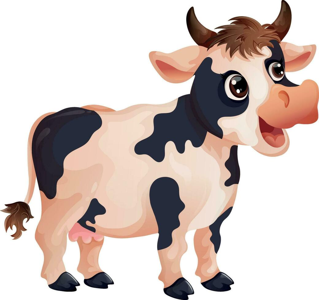 Cute colorful cartoon smiling cow for children that stands sideways on a white background vector