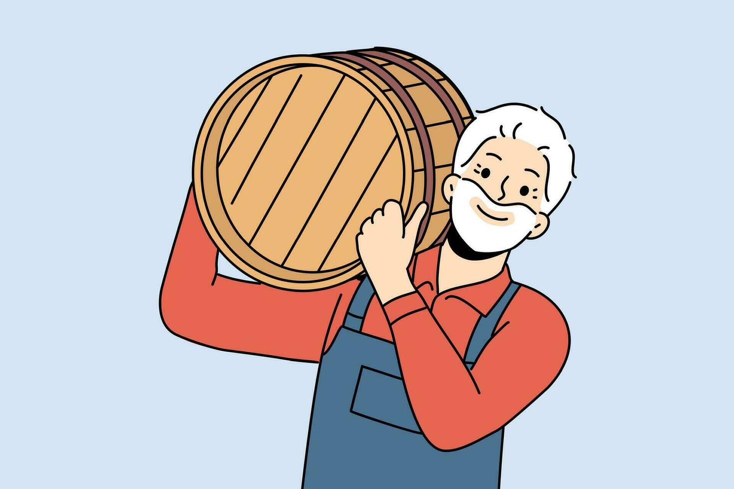 Man winery owner carries barrel of wine on shoulder and smiles, rejoicing at good grape harvest vector