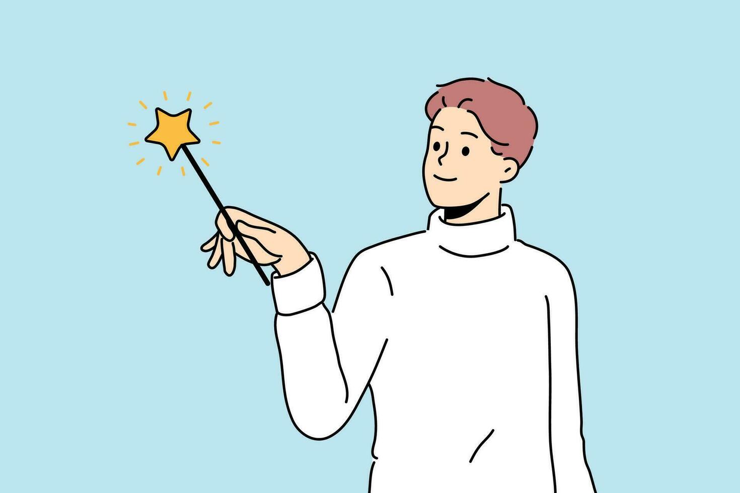 Man wizard uses fairy magic wand and casts enchanting spell during witchcraft or magic trick vector