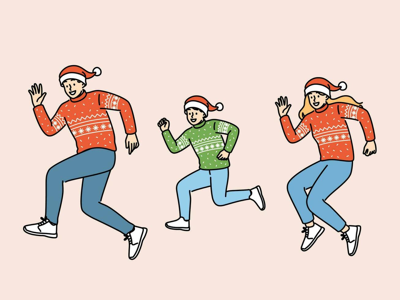 Family in christmas clothes and santa hats dances doing same movements or runs for new year holidays vector