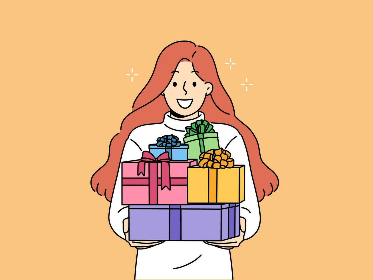 Woman with gift boxes in hands smiles, rejoicing at large number of new year presents from friends vector