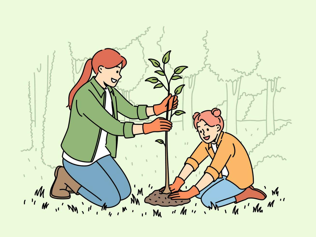 Little girl and mother plant tree in park, helping restore nature that has suffered from forest fire vector