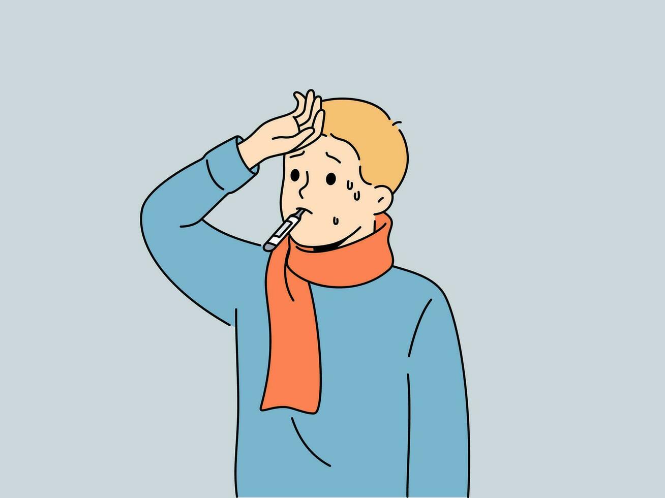 Sick flu boy with thermometer in mouth touching forehead with fever and in need antibiotics vector