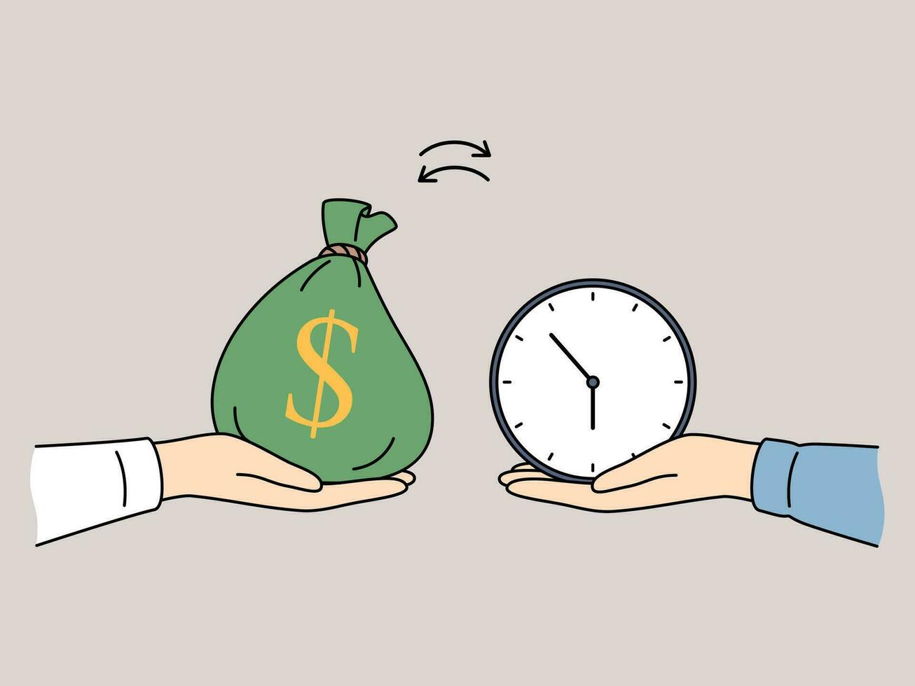 Hand with money and clock as metaphor for exchanging financial resources for time and delegation vector