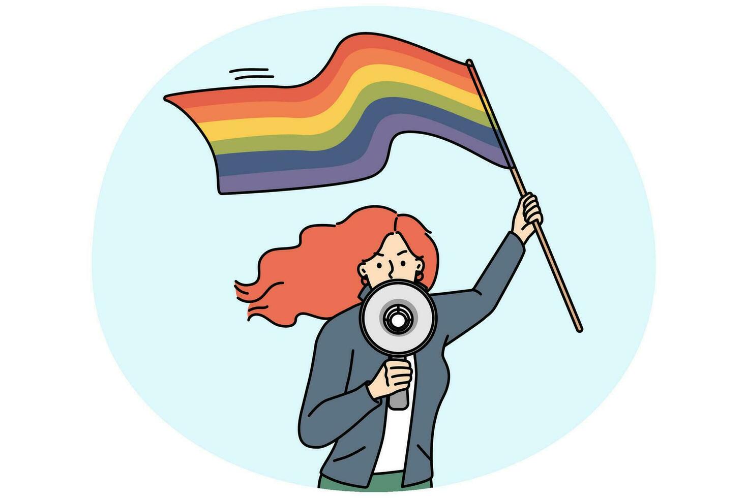 mujer con lgbtq bandera gritar en megáfono vector