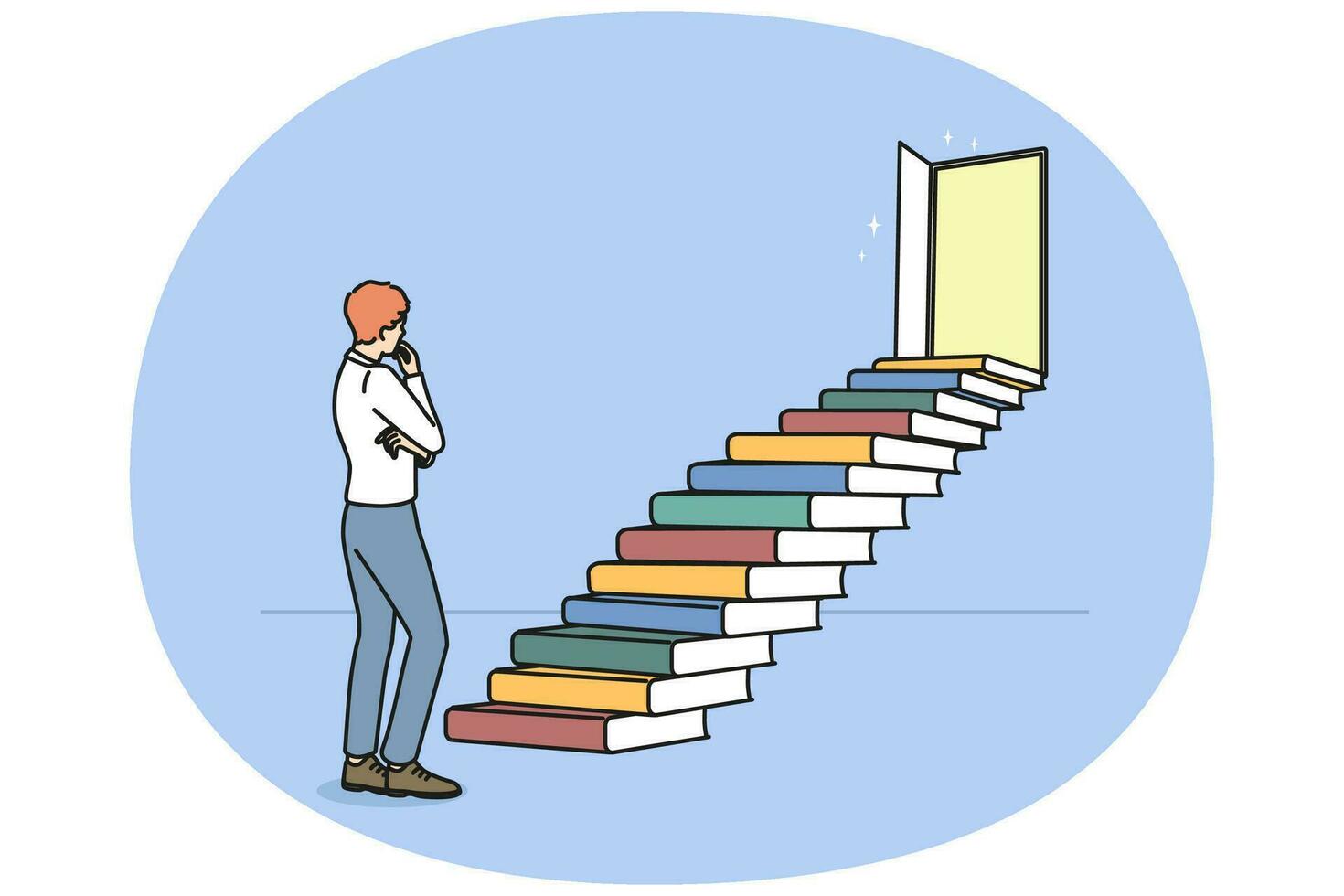Man standing near stairs made of books vector