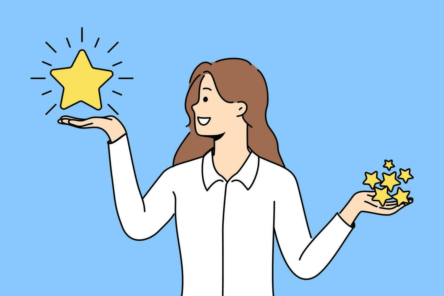 Woman holds rating stars in hands and chooses what rating to give to store or restaurant vector