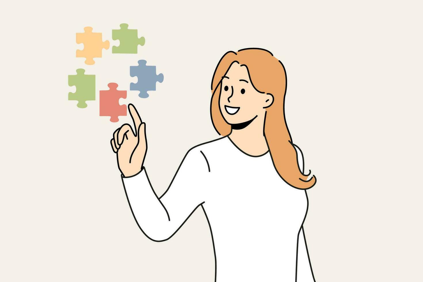Confident woman doing brainstorming touching with finger flying business puzzles vector