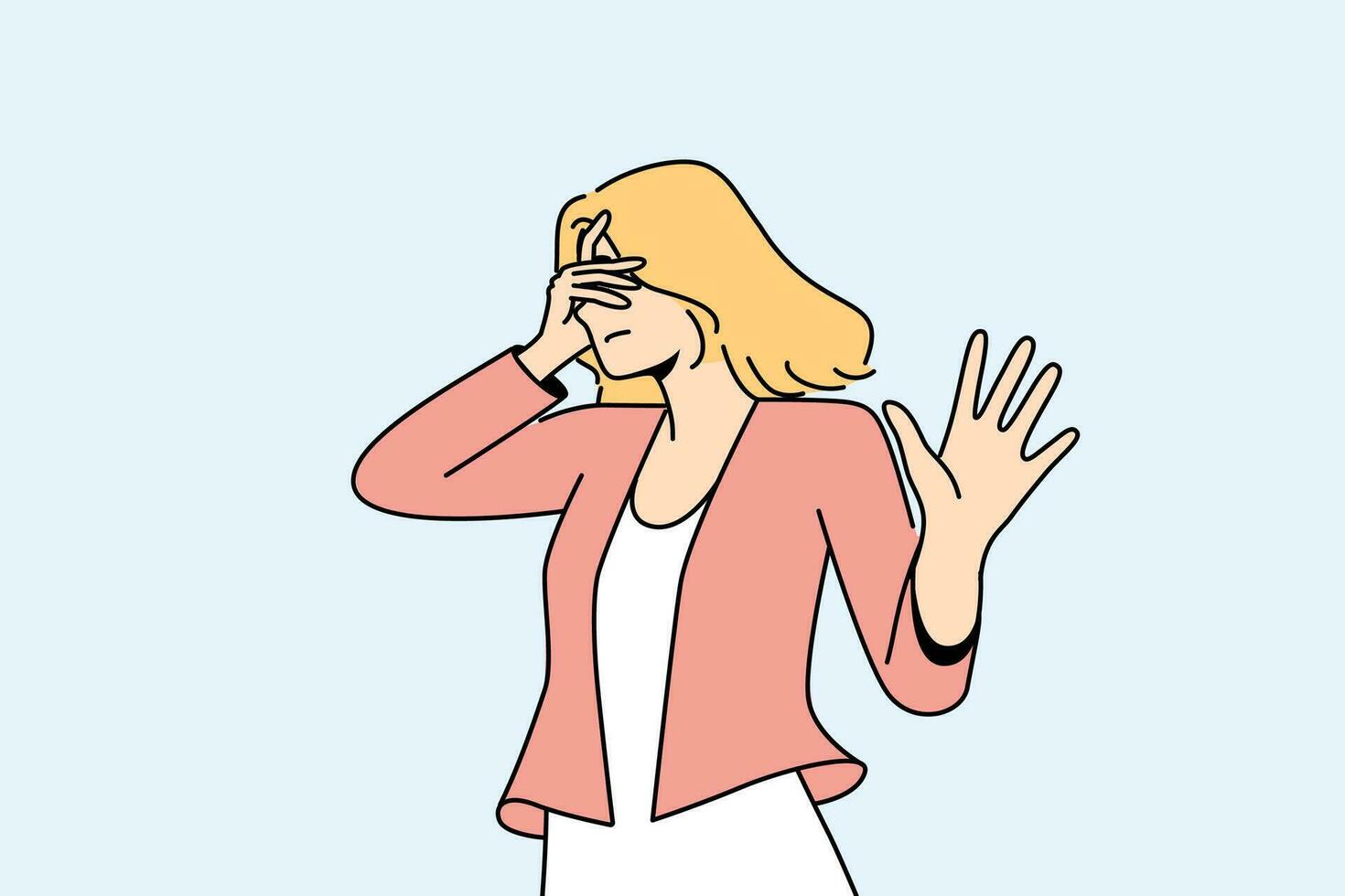 Woman closes eyes and makes stop gesture, expressing dissatisfaction and disagreement vector