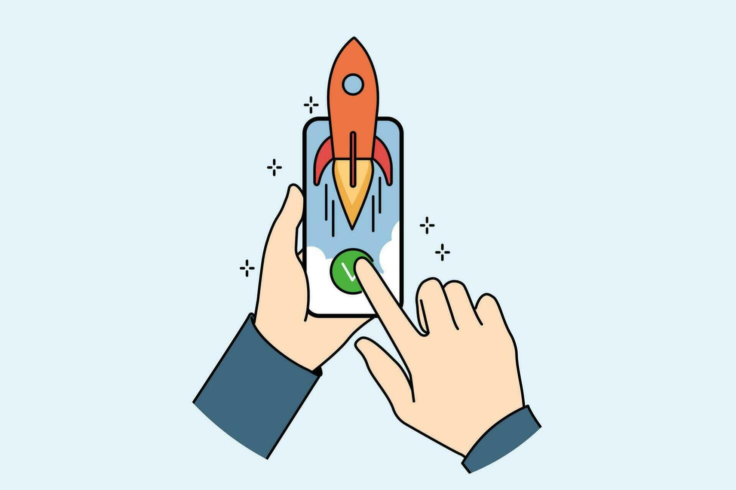 Hands and phone with rocket symbolizing fast internet and high-quality network for using mobile apps vector