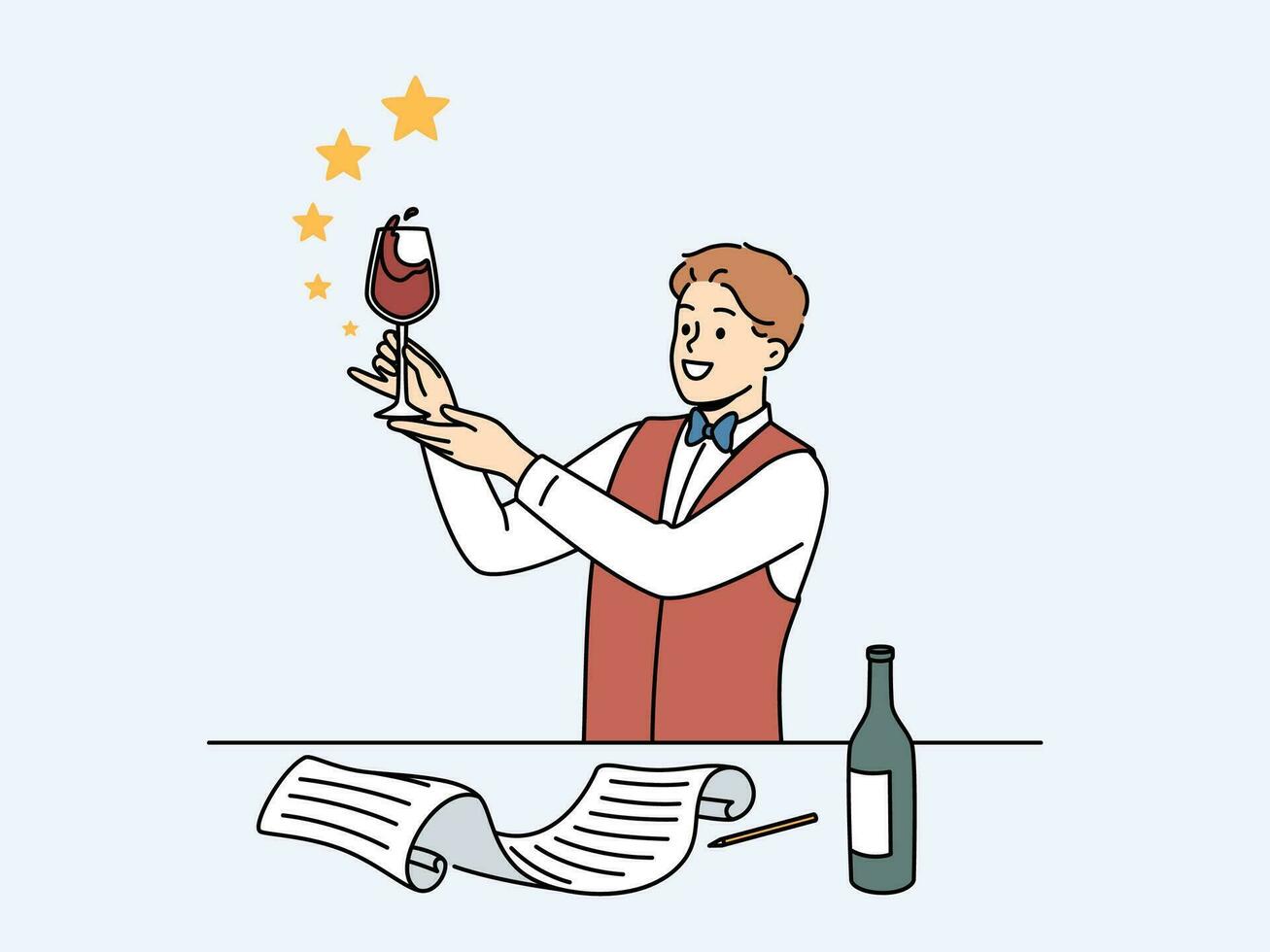Man sommelier holds glass red wine and evaluates taste of noble alcoholic drink. vector