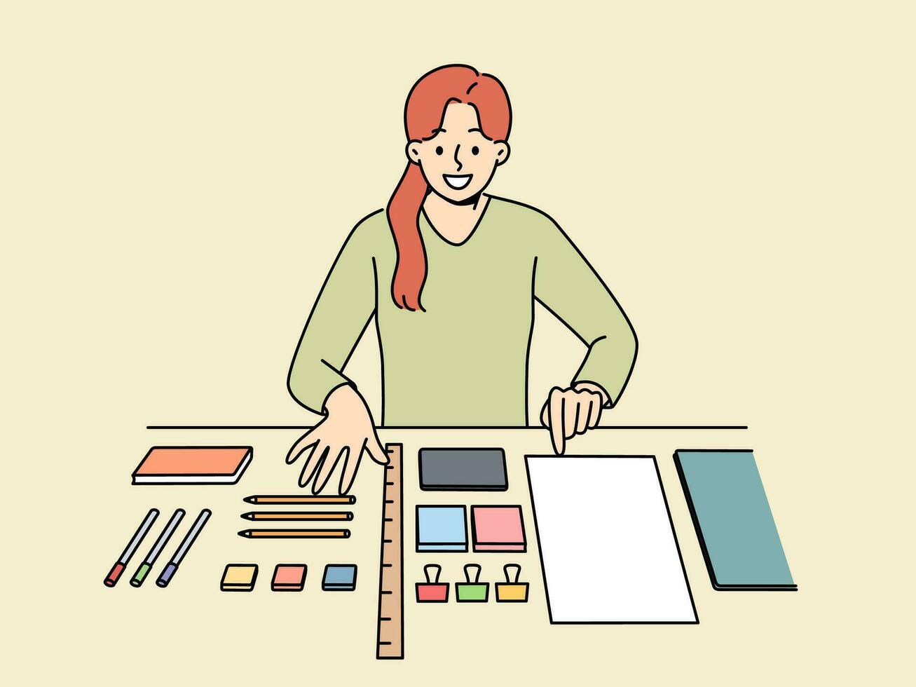 Perfectionist woman with OCD syndrome puts things in order on desktop and workplace vector