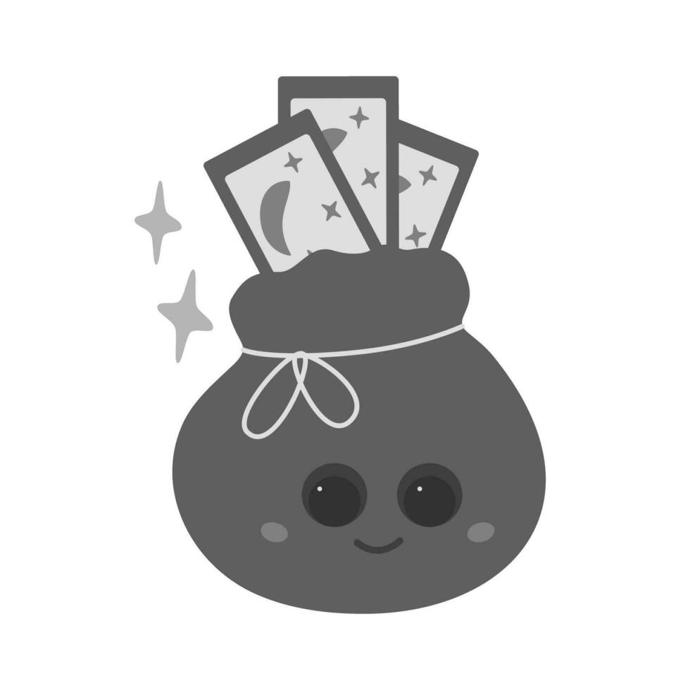 Pouch with Tarot cards and decorative stars. Cute magic character in cartoon style in grayscale vector