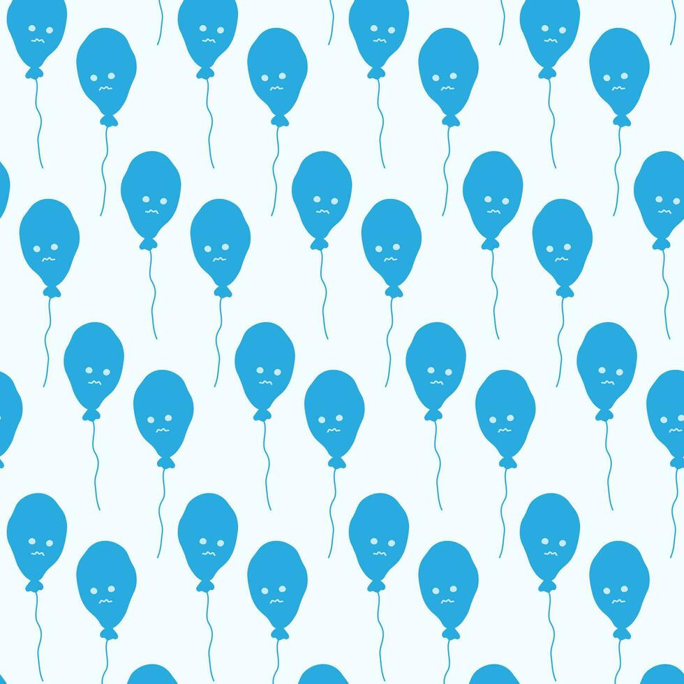 Seamless pattern of blue balloons on a thread with sad smile face in trendy monochrome blue shades vector