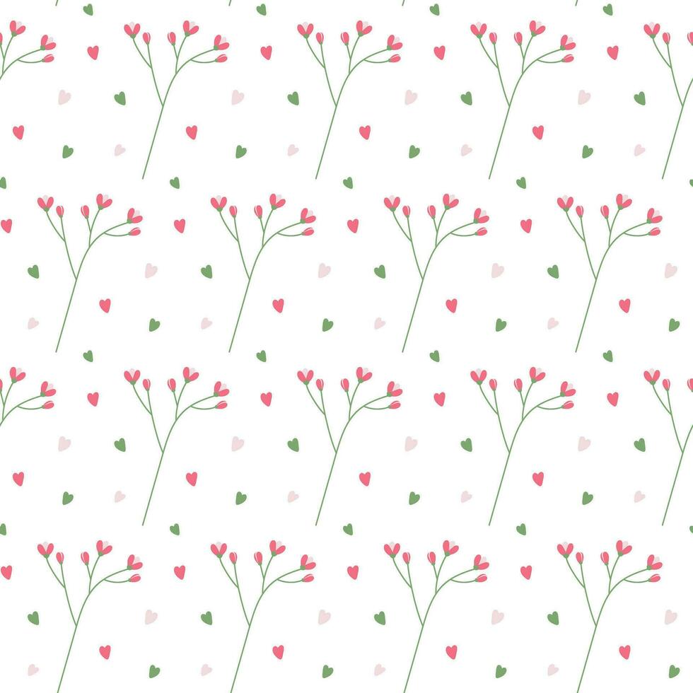 Seamless pattern of flowering twigs with colorful decorative elements in the shape of heart. Isolate vector