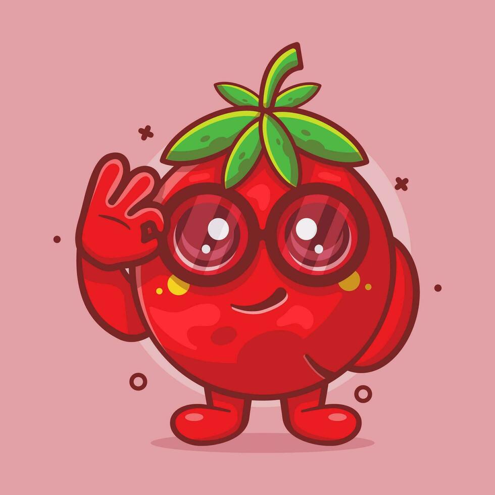 funny tomato fruit character mascot with ok sign hand gesture isolated cartoon in flat style design. vector