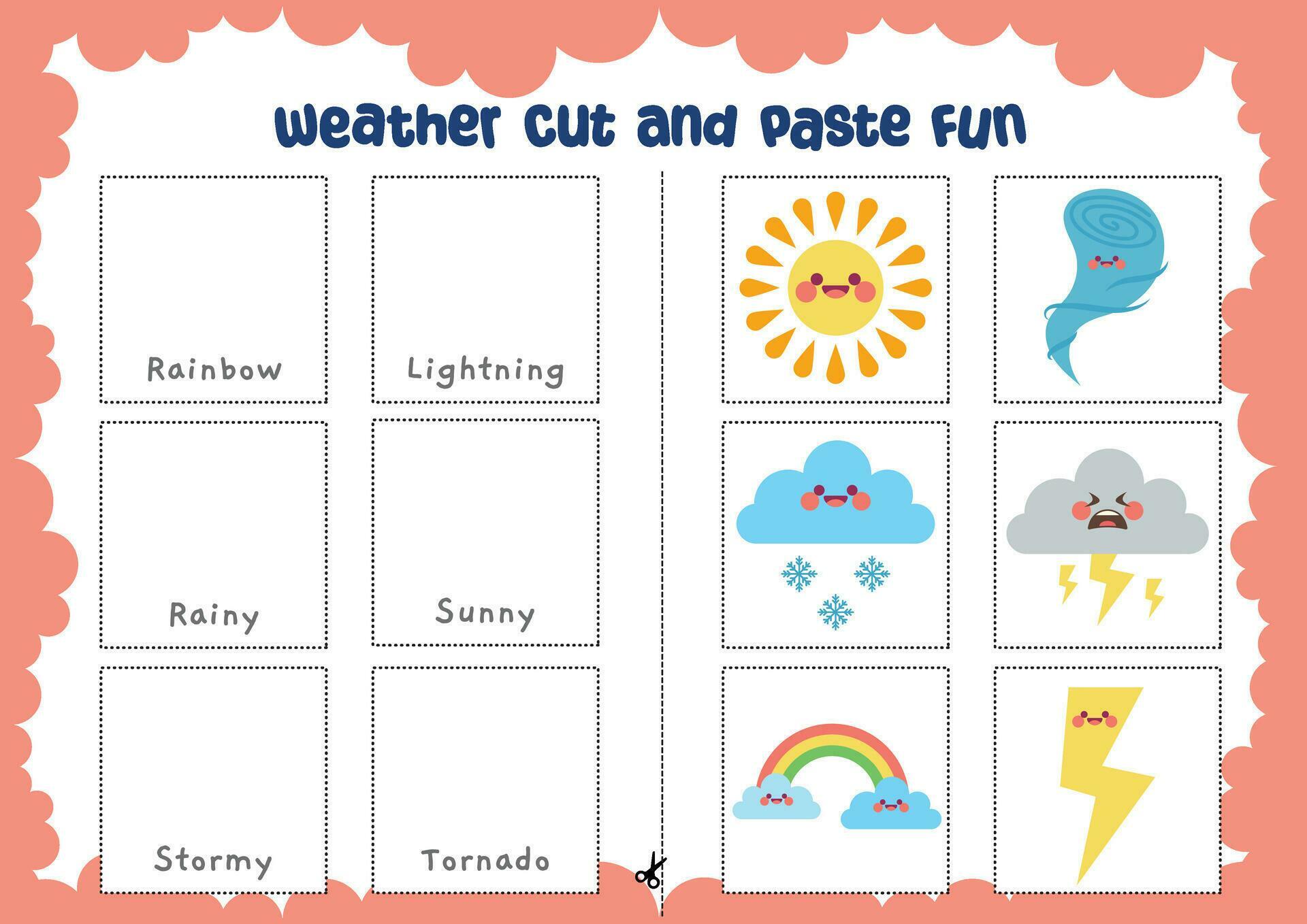 flat design vector weather cut and paste worksheet printable for kids