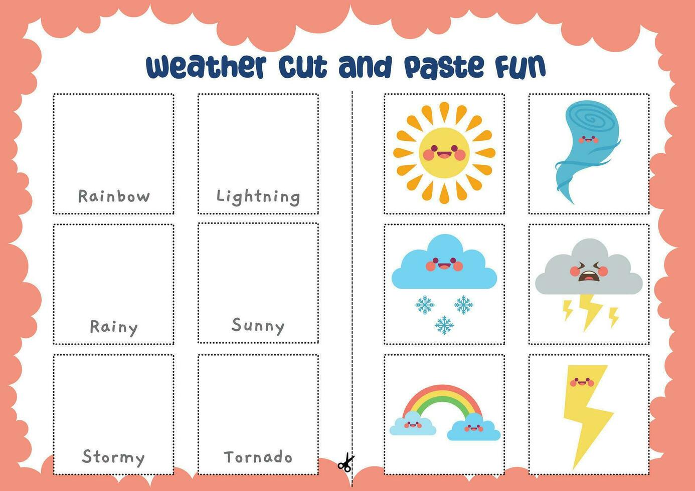 flat design vector weather cut and paste worksheet printable for kids activity