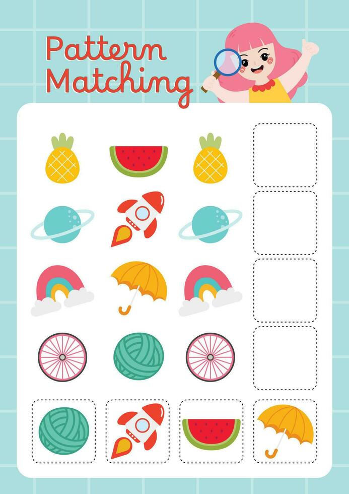 flat design vector cut and paste pattern matching worksheet printable for kids activity