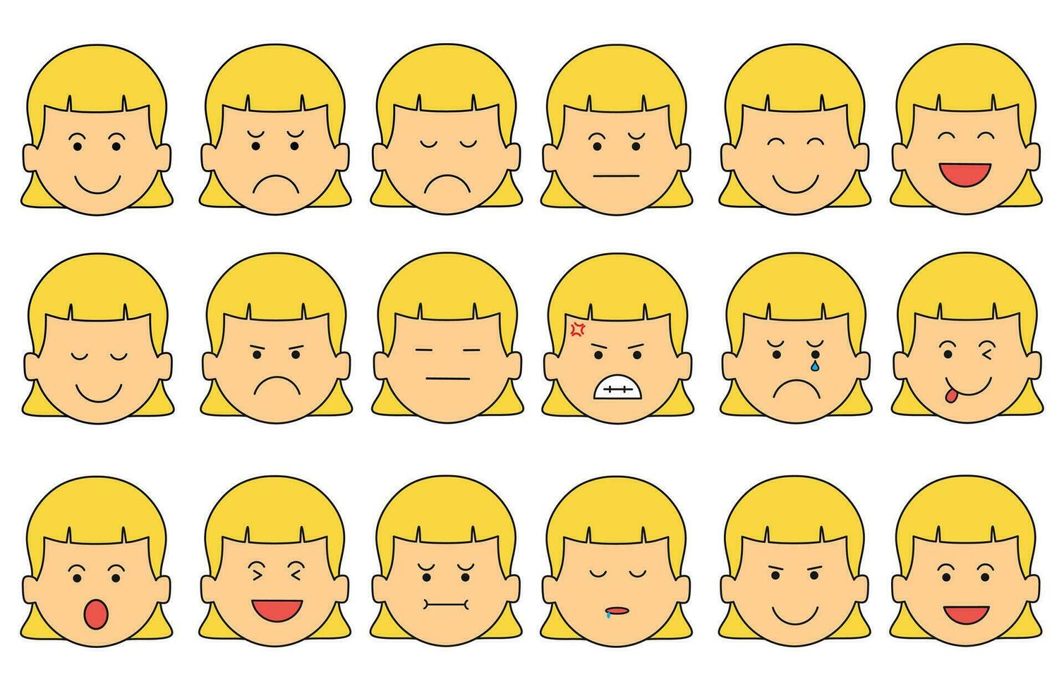 kids drawing A collection of adorable facial girl expressions flat cartoon isolated set vector