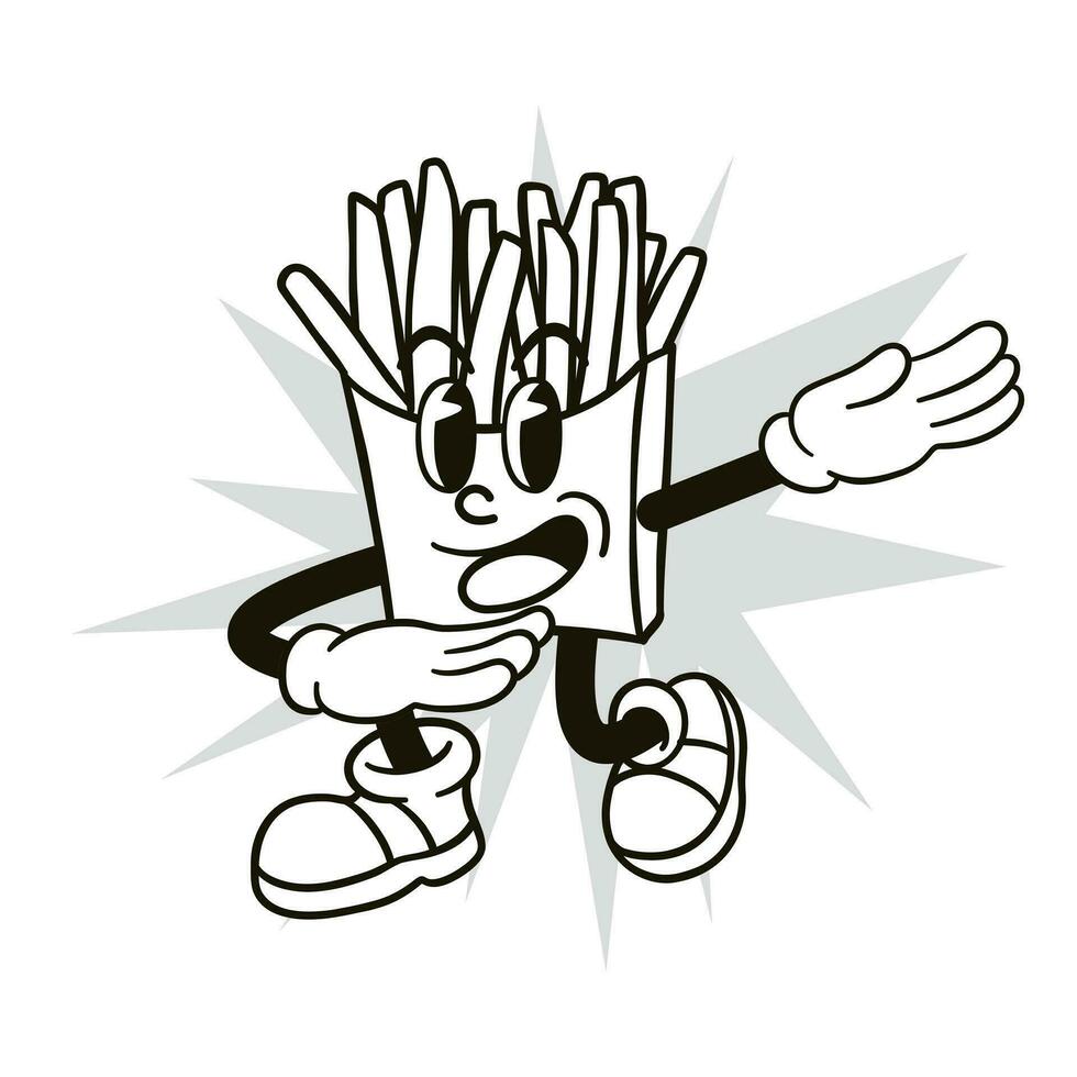 black and white retro cartoon french fries illustration vector