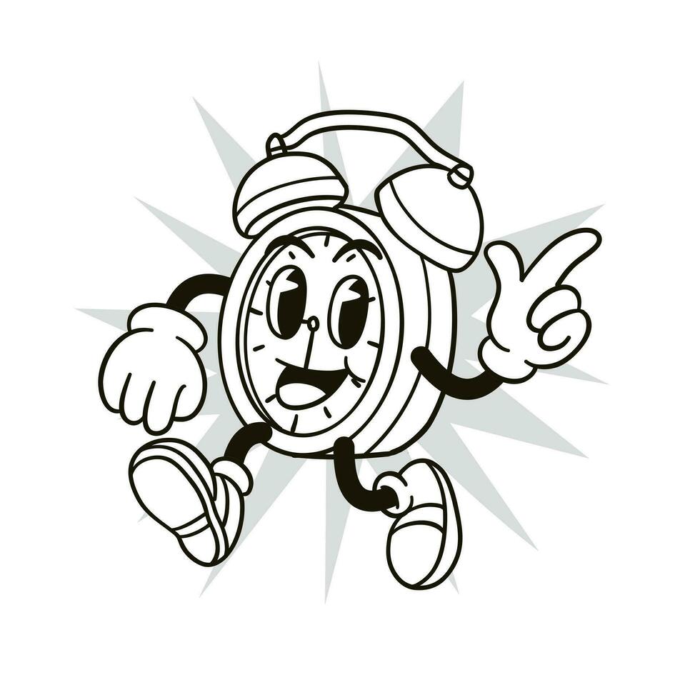 alarm clock illustration in black and white retro cartoon style vector