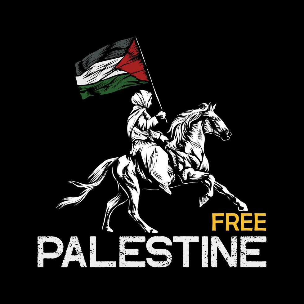 illustration of a woman riding a horse carrying a Palestinian flag vector