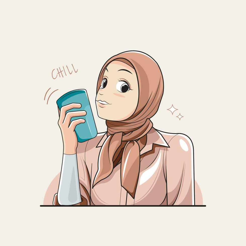 contento tiempo. un sonriente joven mujer en hijab sabores un vaso de frío agua. vector ilustración