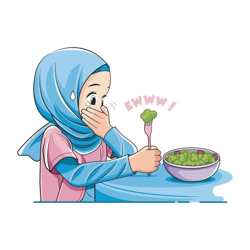 sano alimento. linda pequeño niña en hijab cubierta boca y negarse a comer vegetales. vector ilustración