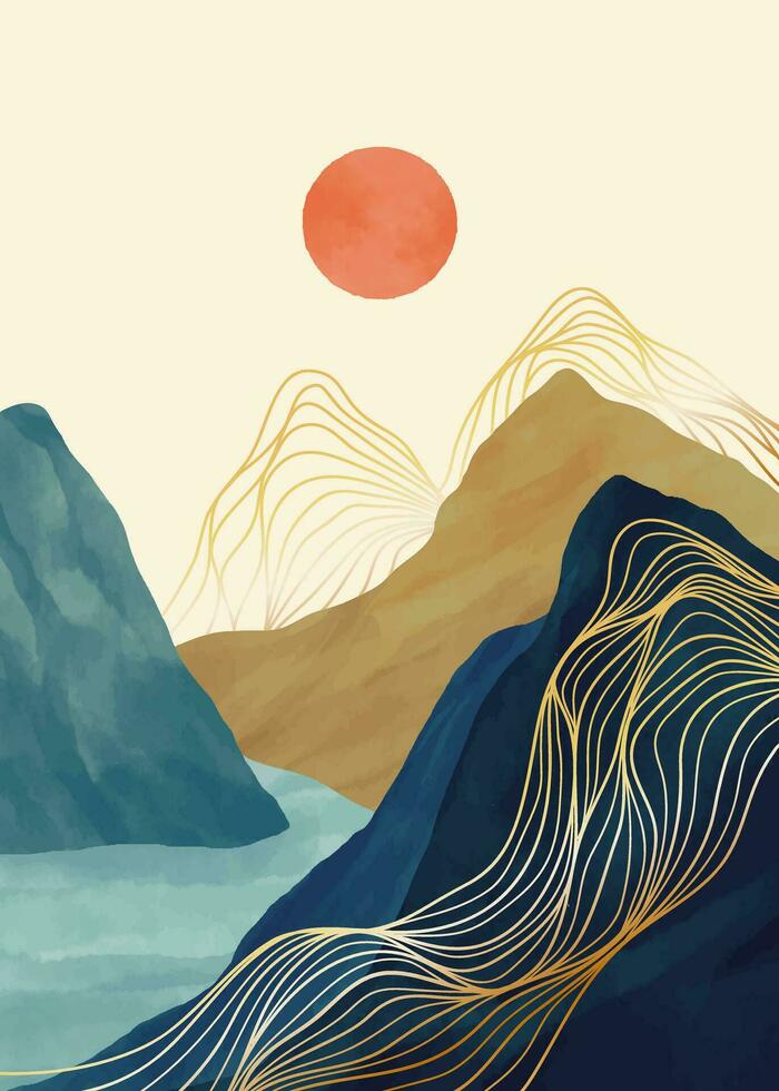 Mountain landscape watercolor painting illustration with line art pattern. Abstract contemporary aesthetic backgrounds landscapes. mountains, hills and skyline vector