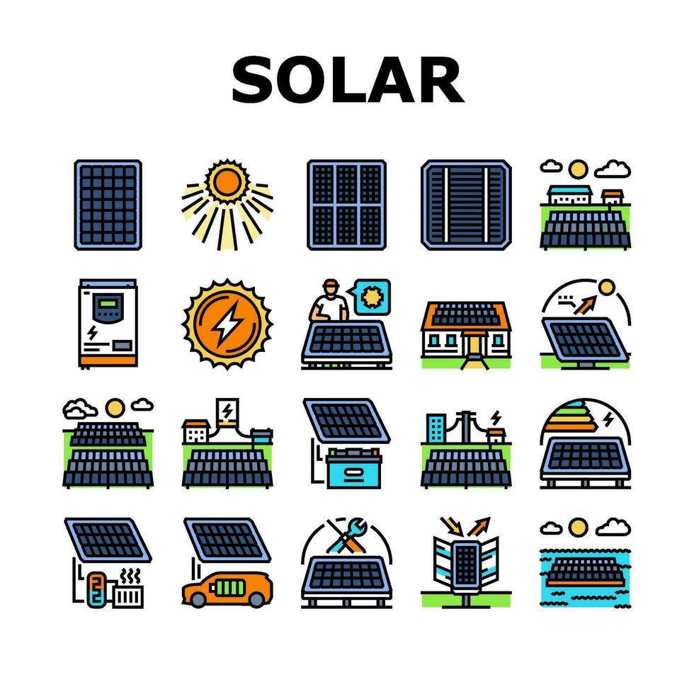 solar paneles energía Dom íconos conjunto vector
