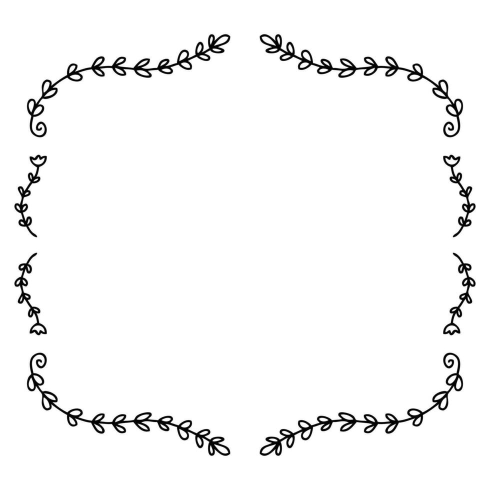 Hand drawn floral square empty frame with simple doodle flowers and leaves. Perfect for sticker, card, poster. Isolated vector illustration.
