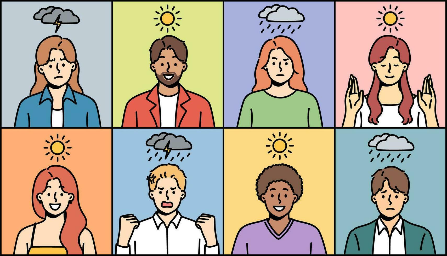 People experiencing mood swings due to weather conditions and cloudiness or magnetic storms in sun vector