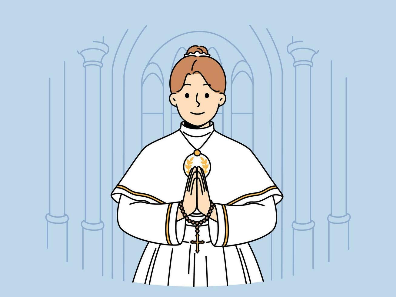 Little catholic girl takes part in first holy communion and stands in temple making prayer gesture vector